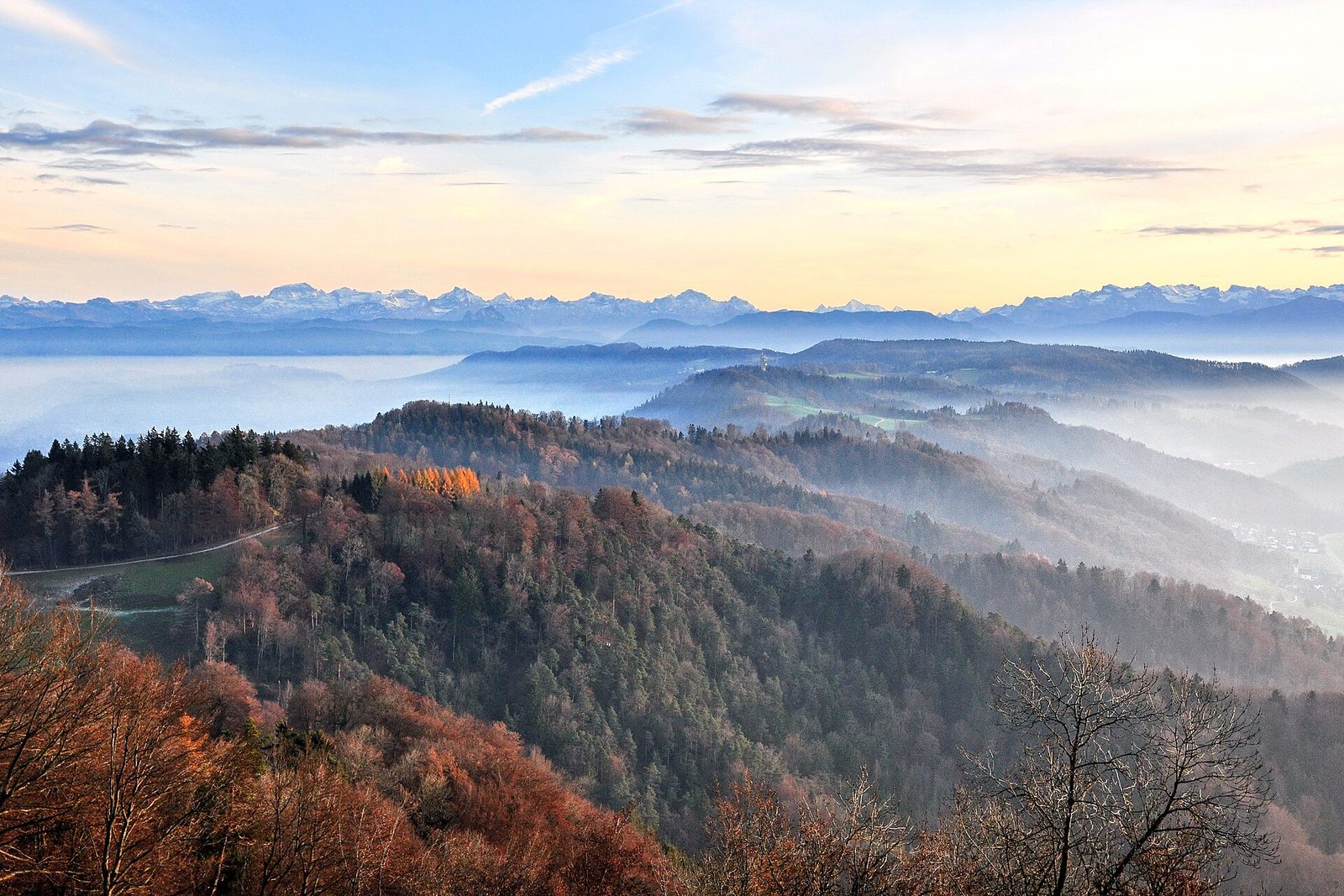 Nebelmeer im November, Blick vom Uetliberg auf Albis, Felsenegg und die Voralpen